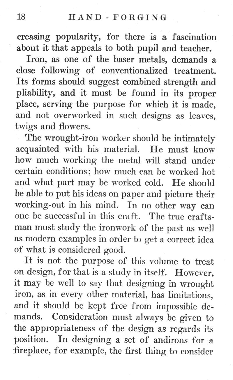 HAND-FORGING, blacksmith, blacksmithing, popularity, fascination, pupil, teacher, Iron, metals, demands, conventionalized, treatment, strength, pliability, overworked, designs, leaves, twigs, flowers, wrought-iron, worker, ideas, paper, picture, working-out, craft, craftsman, ironwork, andirons, fireplace