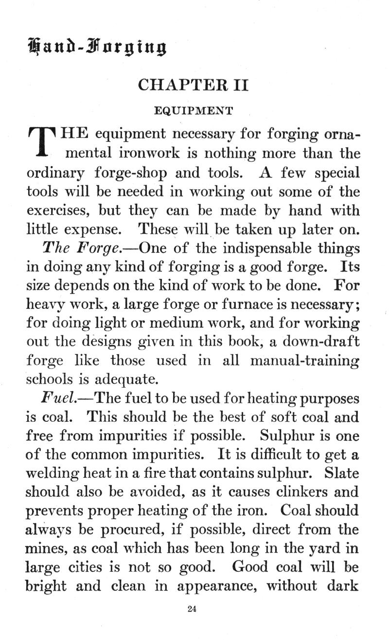 CHAPTER II, EQUIPMENT, necessary, forging, ornamental, ironwork, forge-shop, tools, exercises, forge, furnace, down-draft, coal, Sulphur, Slate, iron