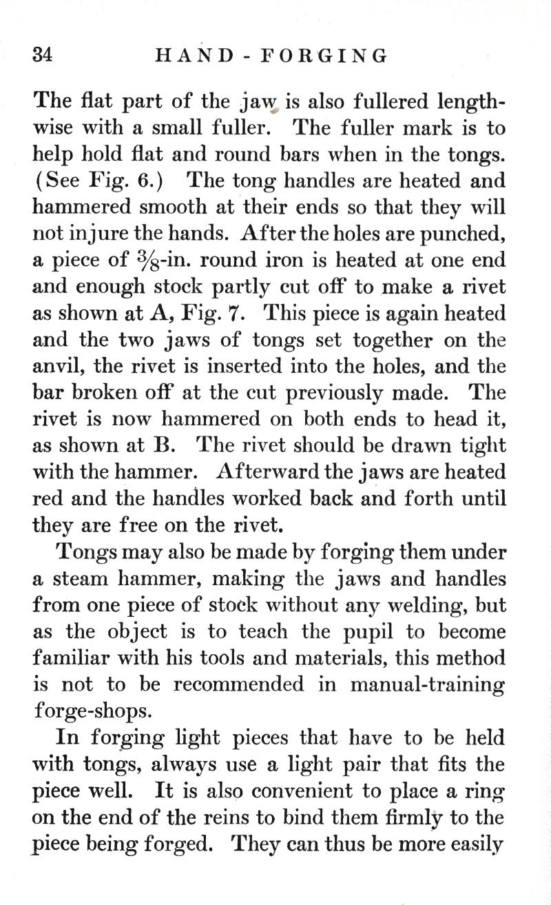 Blacksmith, HAND-FORGING, fullered, lengthwise, fuller, rivet, jaws, tongs, anvil, hammered, steam hammer, without, welding, tools, materials, manual-training, forge-shops, ring