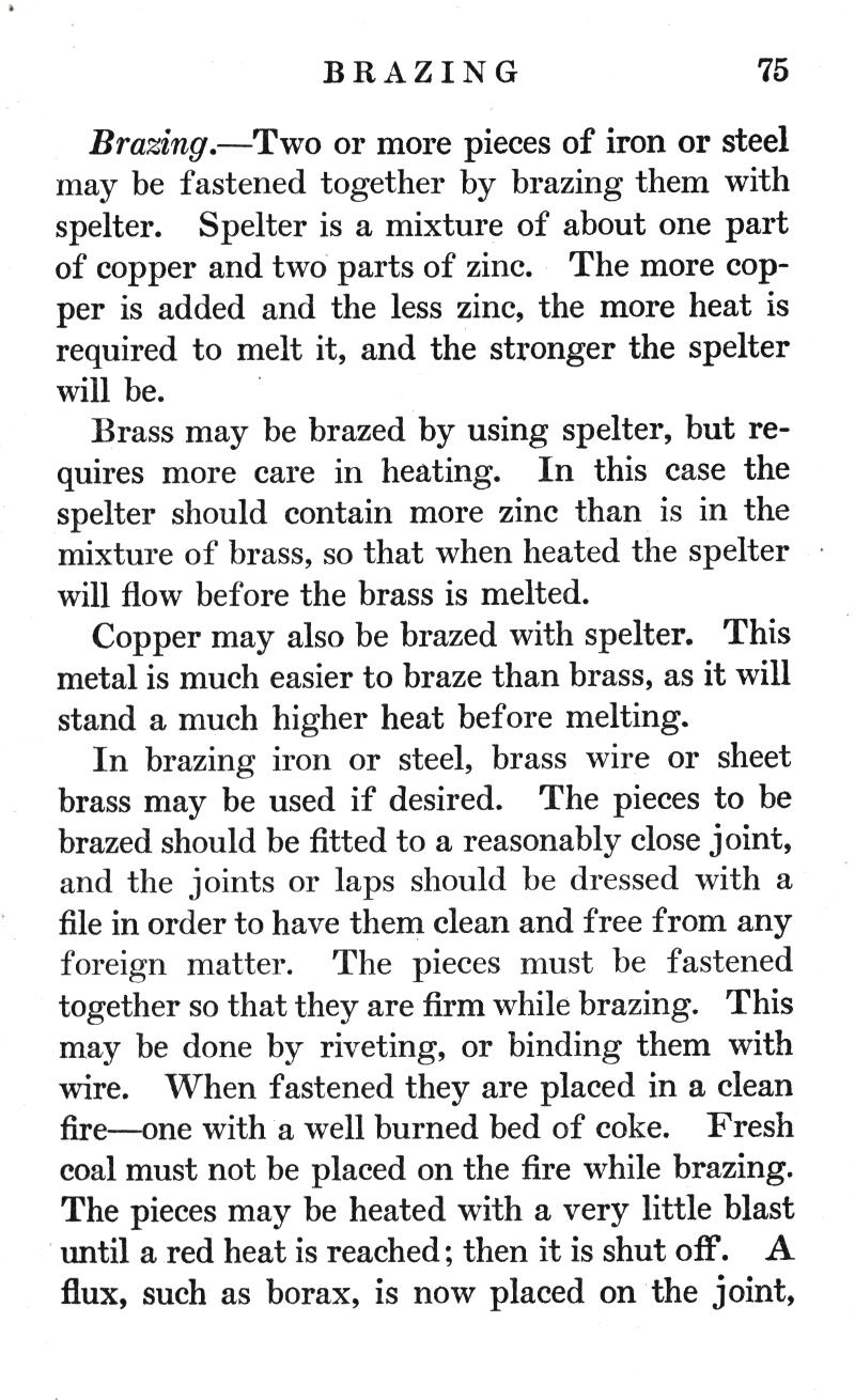 BRAZING, iron, steel, fastened together, spelter, mixture, copper, zinc, Brass, Copper, metal, braze, higher heat, wire, close joint, joints, laps, file, riveting, burned, bed of coke, blast, flux, borax