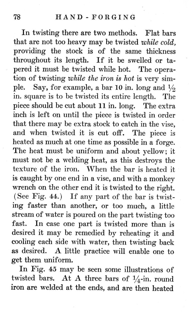 HAND FORGING, Blacksmithing, twisting, methods, Flat bar, cold, swelled, tapered, iron, heated, forge, uniform, yellow, welding heat, texture, vise, monkey wrench, illustrations