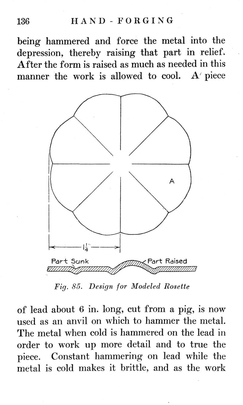 p.136, HAND, FORGING, hammered, metal, relief, form, Fig. 85, Design, Modeled, Rosette, lead, anvil, hammer