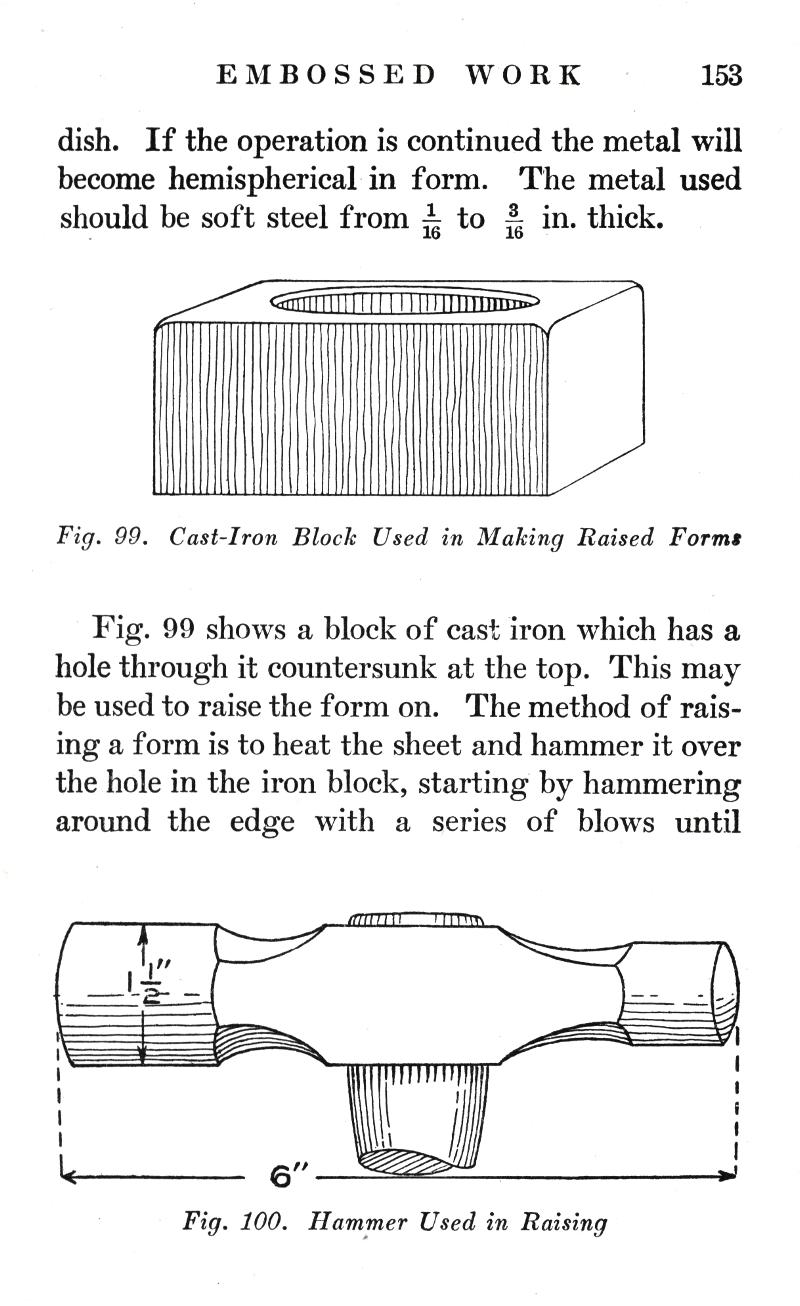 EMBOSSED WORK, p.153, dish, metal, hemispherical, Fig. 99, Cast-iron Block, Raised Forms, Fig. 99, countersunk, raise, raising, hammer, Fig. 100,  Hammer