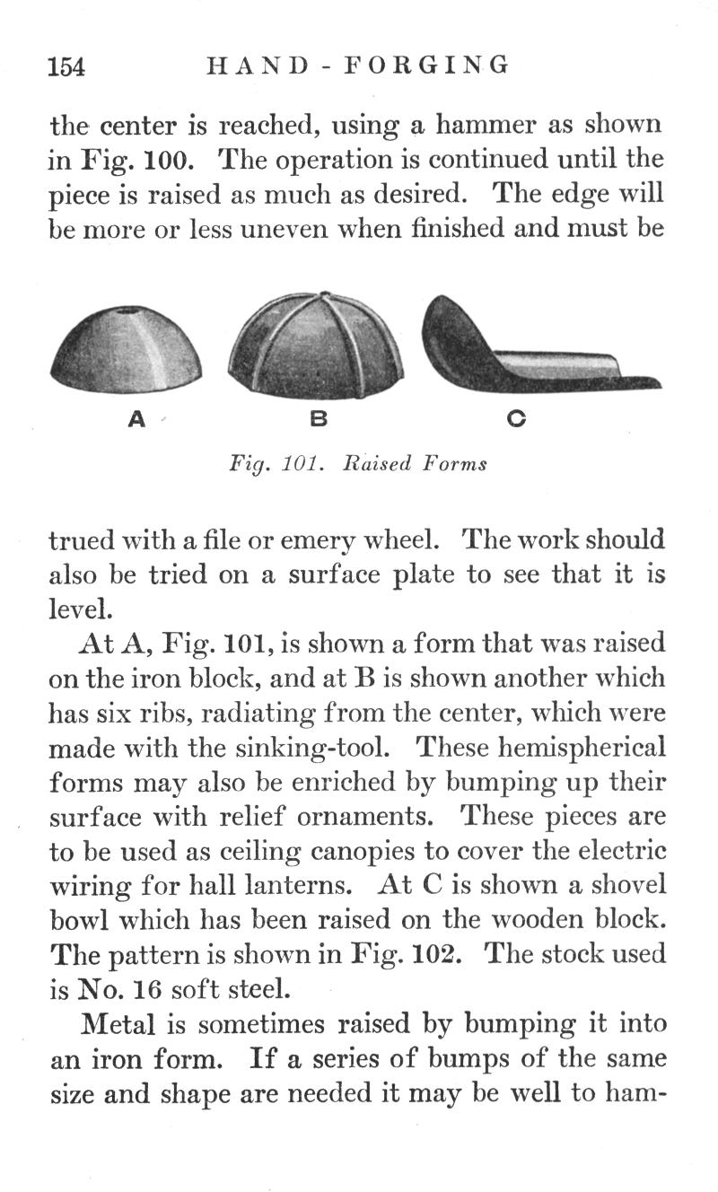 p.154, HAND FORGING, hammer, Fig. 100, raised, Fig. 101, Forms, file, emery wheel, surface plate, Fig. 101, iron block, sinking-tool, hemispherical, enriched, bumping, relief, ornaments, ceiling, canopies, electric wiring, shovel bowl, wooden block, Fig. 102, Metal, raised, shape