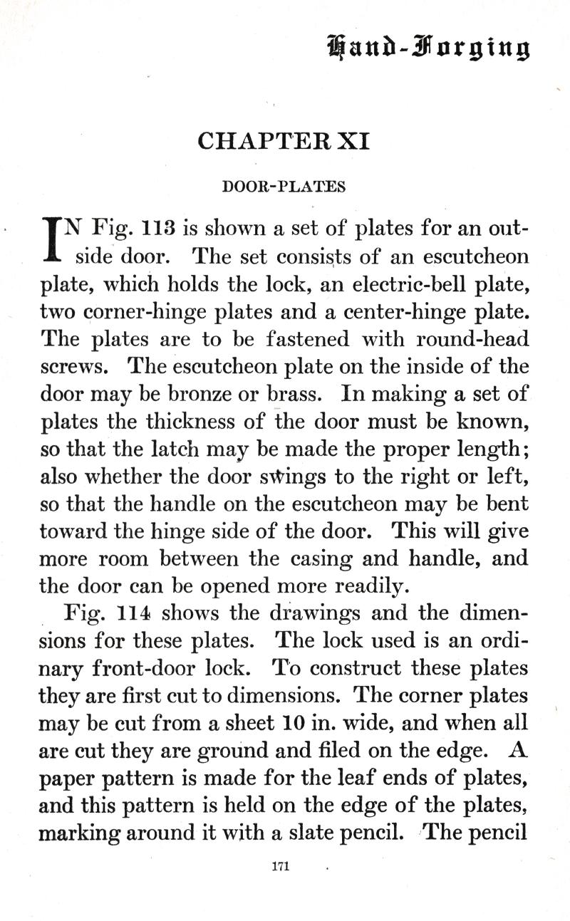 CHAPTER XI, DOOR PLATES, Fig. 113, plates, outside door, escutcheon plate, lock, electric-bell, plate, corner-hinge, center-hinge, round-head screws, bronze, brass, hinge, casing, handle, Fig. 114, dimensions, paper pattern, slate pencil, p.171