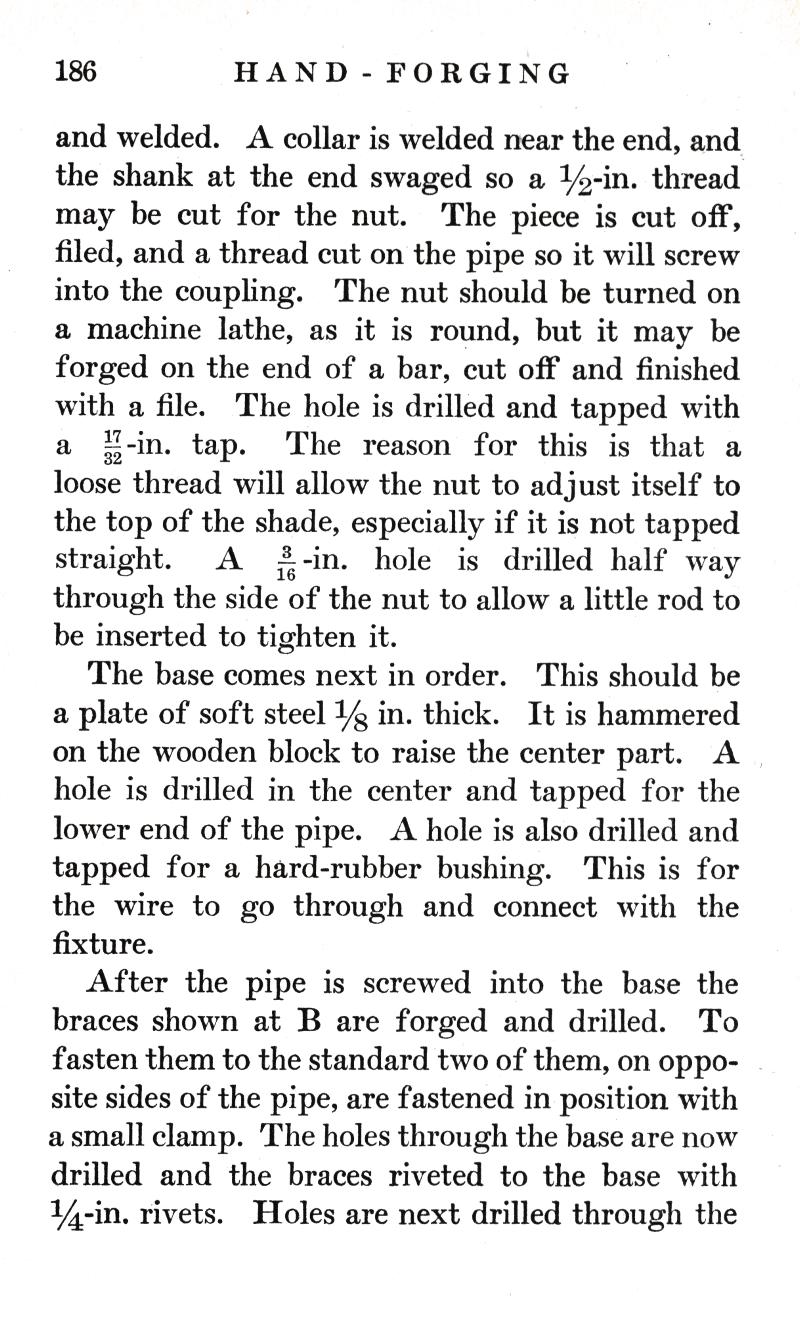 p.186,	HAND FORGING, welded, collar, shank, swaged, thread, nut, filed, coupling, machine lathe, forged, finished, drilled, tapped, shade, base, plate, soft steel, hammered, wooden block, raise, pipe, hard-rubber bushing, fixture, braces, clamp, 1/4-in., rivets