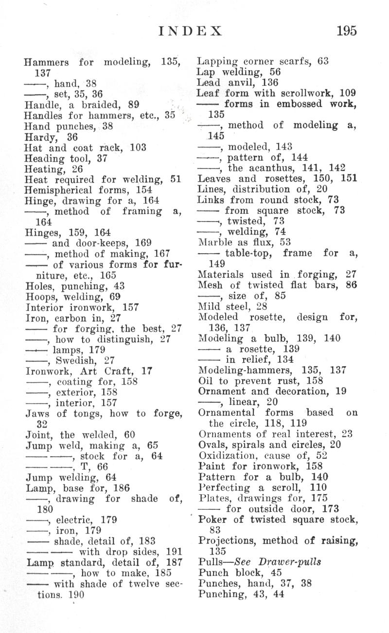 INDEX
195
Hammers   for   modeling,    135, 137
��, hand, 38
��, set, 35, 36
Handle,  a braided,  89
Handles for hammers, etc., 35
Hand punches, 38
Hardy,   36
Hat and coat rack,  103
Heading tool, 37
Heating, 26
Heat  required  for welding,  51
Hemispherical forms,  154
Hinge, drawing for a,  164
���, method    of    framing    a,
164 Hinges,  159,  164
�� and door-keeps,  169
��, method of making, 167
�� of various forms for furniture, etc.,  105 Holes, punching, 43 Hoops, welding, 69 Interior ironwork,   157 Iron, carbon in, 27
�� for  forging, the best, 27
��, how to  distinguish,  27
�� lamps, 179
��, Swedish,  27 Ironwork,  Art  Craft,   17
���, coating for, 158
��, exterior, 158
��, interior, 157
Jaws  of tongs,  how  to  forge,
32
Joint,  the  welded,  60 Jump weld, making  a,  65
�� ��, stock  for  a,   64
____ ____    m     aa
Jump welding,  64 Lamp,  base for, 186
��, drawing    for    shade    of, 180
��, electric,   179
��, iron,  179
�� shade, detail of, 183
�� �� with drop sides,  191 Lamp standard,  detail of,  187
�� ��, how  to make, 185
�� with shade of twelve sections. 190
Lapping corner scarfs, 63
Lap  welding,  56
Lead  anvil,  136
Leaf form with scrollwork, 109
�� forma in embossed work, 135
��, method   of   modeling   a, 145
��, modeled, 143
��, pattern  of,  144
��, the acanthus,  141,  142 Leaves  and   rosettes,   150,  151 Lines, distribution of, 20 Links from round stock, 73
�� from   square   stock,   73
��i, twisted,   73
��, welding,  74 Marble as flux, 53
�� table-top,    frame    for   a,
149
Materials  used  in .forging,   27 Mesh  of  twisted flat  bars,  86
��, size   of,  85
Mild steel, 28
Modeled    rosette,    design    for,
136, 137 Modeling  a  bulb,   139,   140
�� a  rosette,   139
�� in relief, 134 Modeling-hammers,   135,   137 Oil to prevent rust,  158 Ornament and decoration, 19
��, linear, 20
Ornamental   forms    based    on
the circle, 118, 119 Ornaments of real interest, 23 Ovals, spirals and circles, 20 Oxidization, cause  of, 52 Paint for ironwork,  158 Pattern  for a  bulb,  140 Perfecting   a  scroll,   110 Plates, drawings for, 175
�� for  outside  door,  173 Poker of twisted square stock,
83 Projections, method of raising,
135
Pulls�See  Drawer-pulls Punch block,  45 Punches, hand,  37, 38 Punching, 43, 44