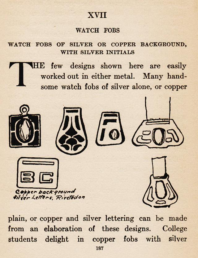 Chapter XVII, ch.17, Silver Work, Watch Fobs, Key Fobs, copper silver, The few designs shown here are easily worked out in either metal., initials, lettering
