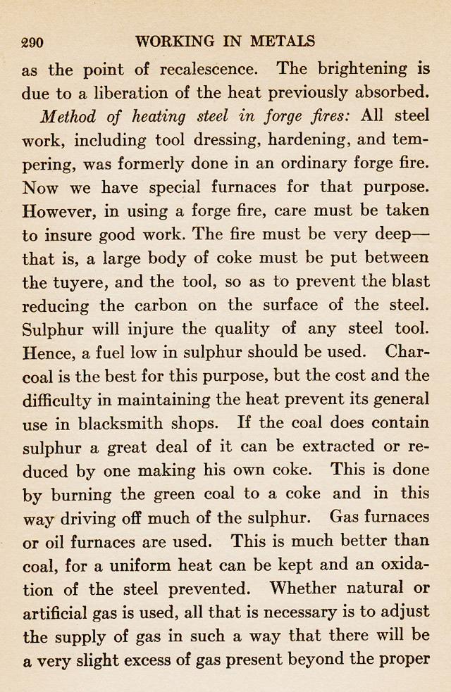 Chapter XXIV, ch.24, Hardening and Tempering, Method of heating steel in forge fires., hardening, tempering, forge fire, furnaces, deep, coke, tuyere, sulphur, gas forge, oil furnace, reducing fire