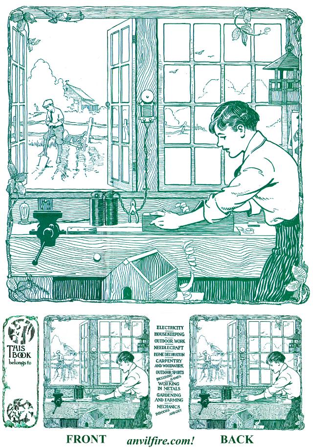 <br>
library of science, children and young adults, endpaper, artwork, illustration, work bench and vise, Working in Metals, Electricity, Housekeeping, Outdoor Work, Needlecraft, Home Decoration, Carpentry, Outdoor Sports, Gardening and Farming, Mechanics - indoors and out, dry cell, battery

