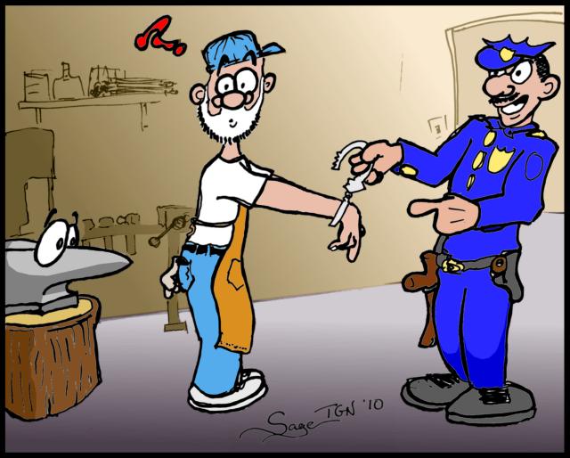 Police officer arresting blacksmith with quizzical look on his face.