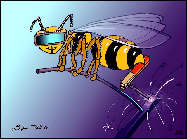 Bumble Bee with welding stinger striking an arc. Cartoon by Sage Werbock, color by Jock Dempsey