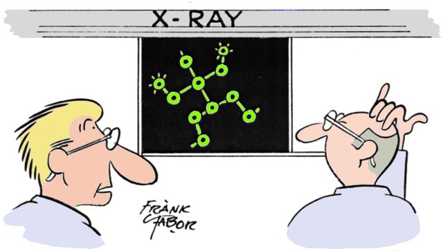 Doctors looking at x-ray that looks like a tinker toy robot. . .  One doctor says. . 